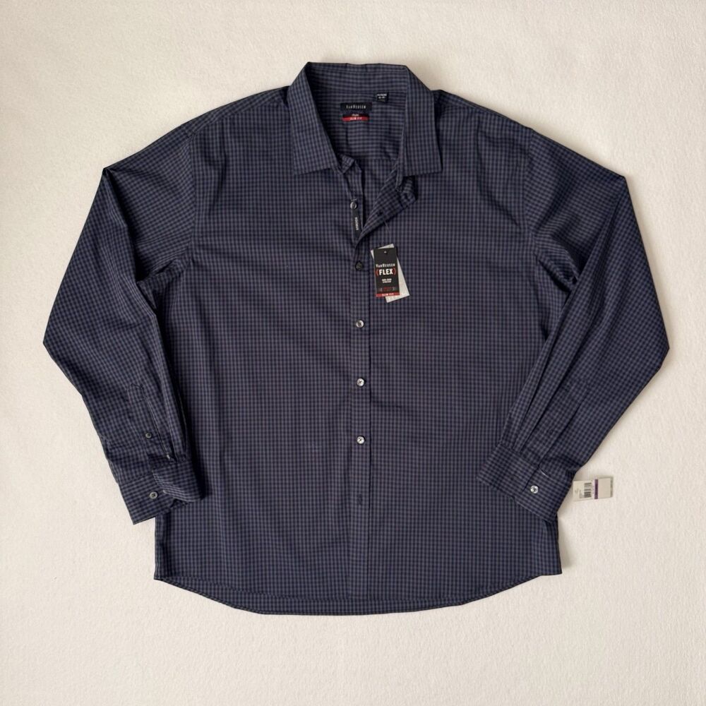 Van Heusen Black and Blue Checkered Plaid Flex Slim Button Shirt XXL 18 - 18.5